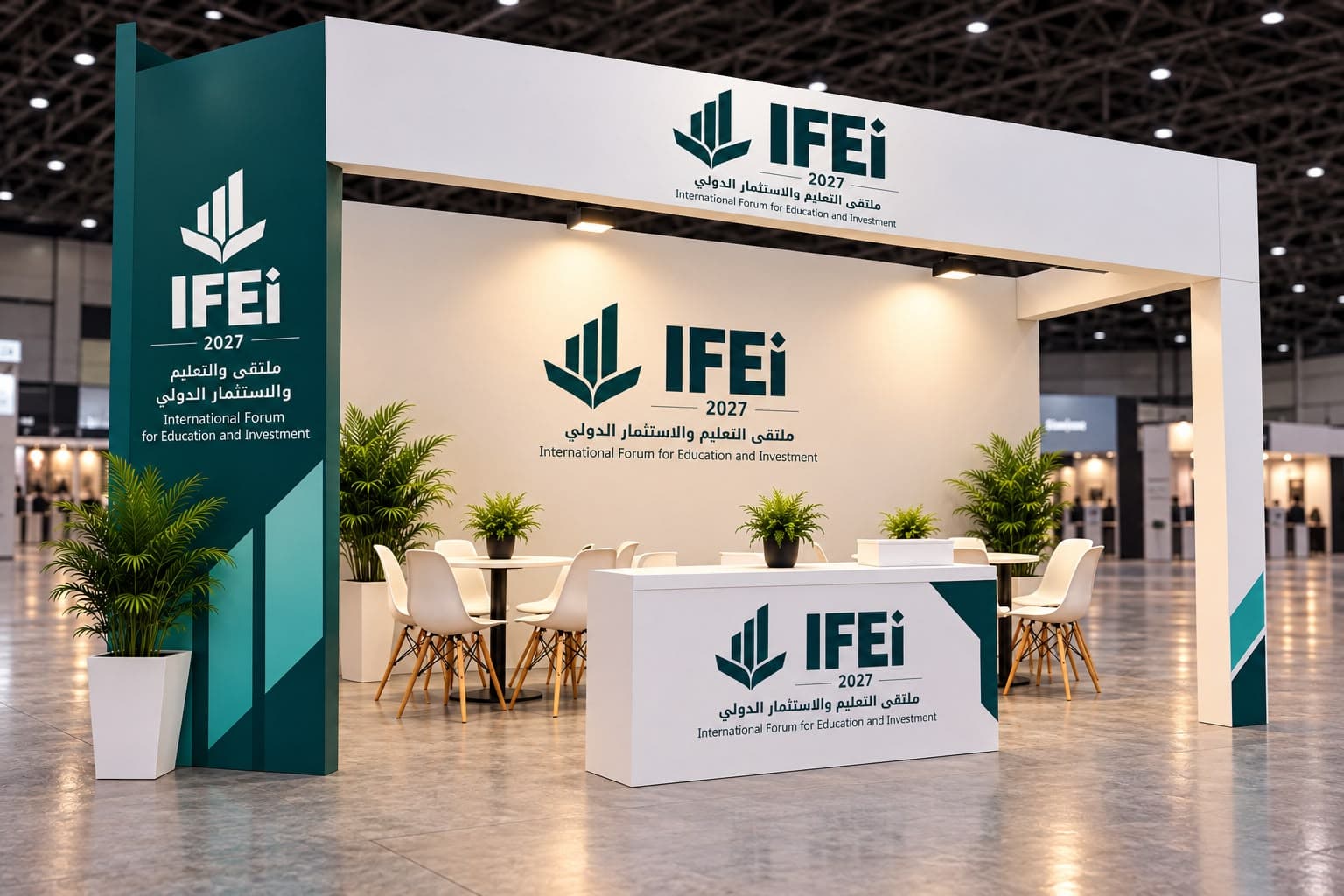 جناح مجهز مزدوج بمقاس 6×6 م بهوية IFEI 2027: هيكل أبيض وبرج أخضر، وكاونتر وطاولتا اجتماع وكراسي ونباتات