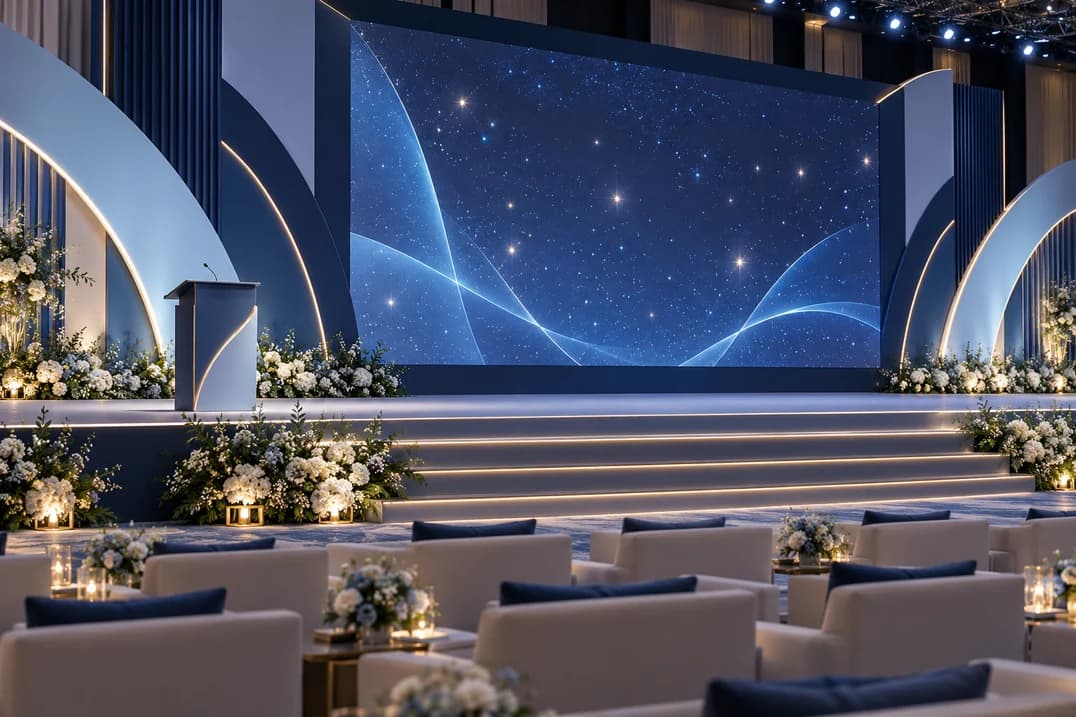مسرح حفل تخرج بشاشة LED كبيرة ومنصة خطابة وزهور بيضاء