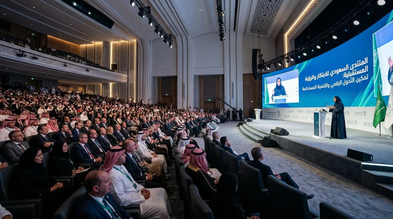 قاعة مؤتمرات بشاشة عرض عريضة على المسرح ومتحدث على المنصة وجمهور يملأ القاعة