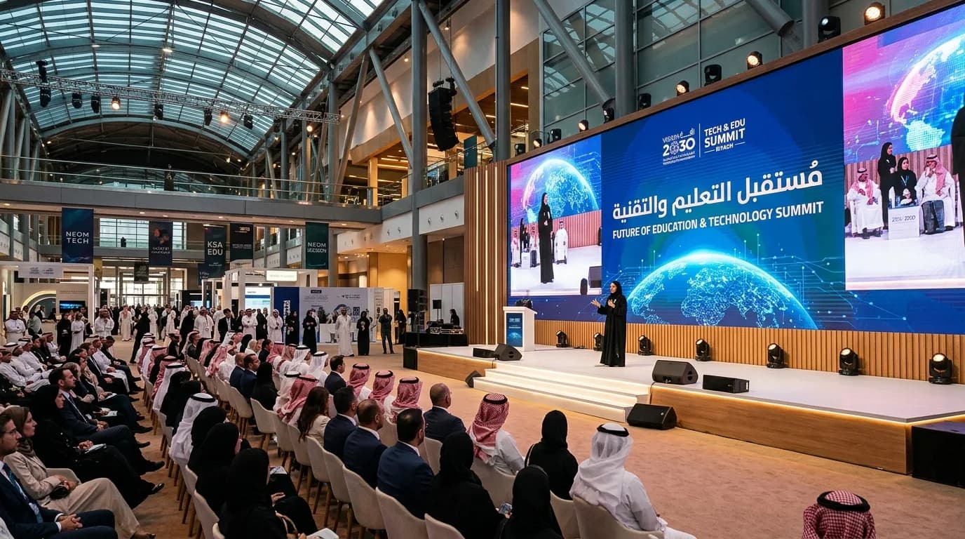 قاعة بسقف زجاجي وشاشة LED ضخمة خلف منصة قمة تعليمية وحضور جالس أمامها