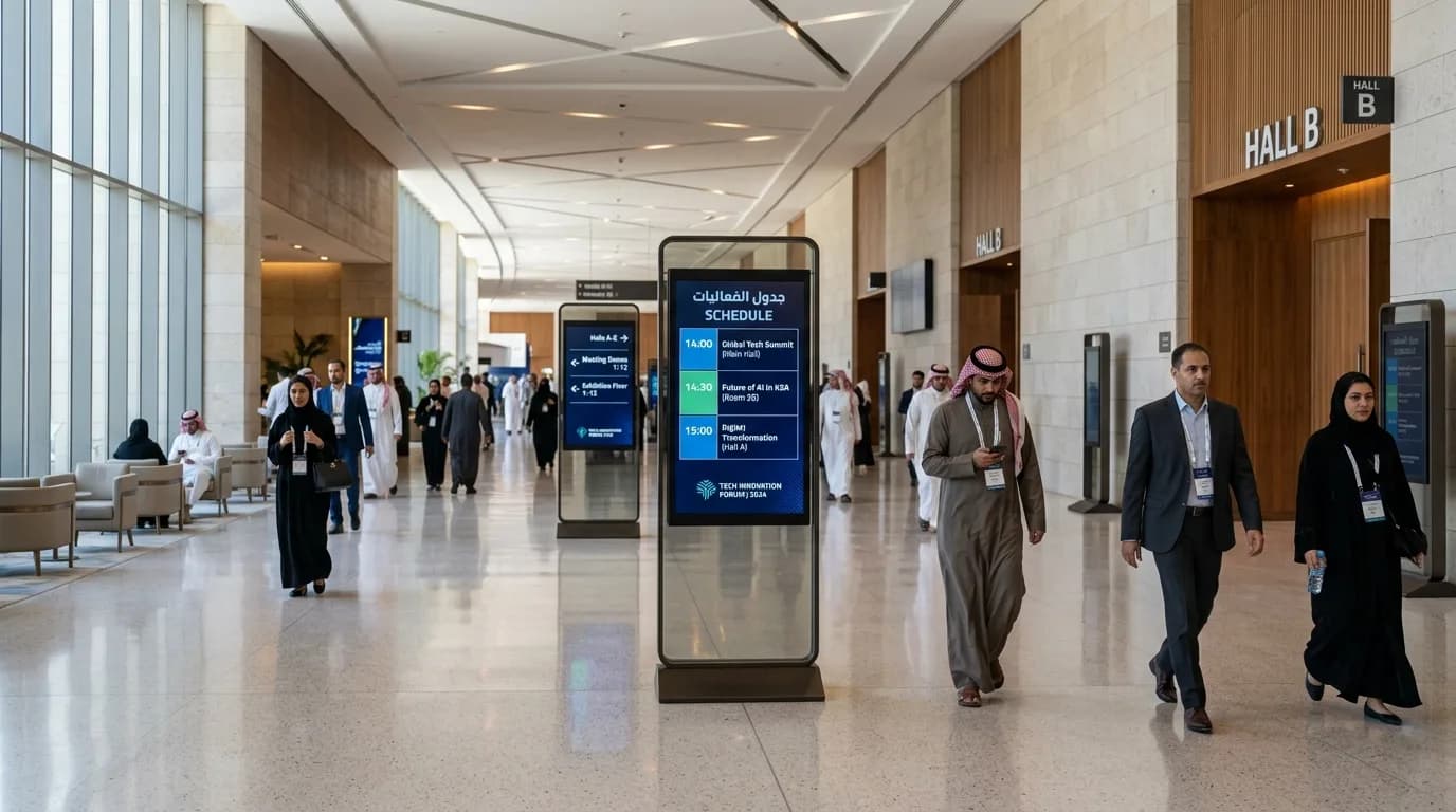 بهو مركز فعاليات بلوحات رقمية قائمة تعرض جدول الفعاليات ومارّة حولها