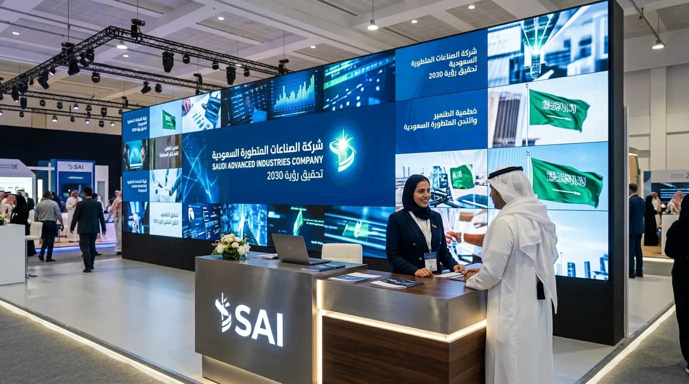 جناح معرض بجدار مرئي من شاشات متصلة خلف كاونتر استقبال وزائر يتحدث مع الموظفة