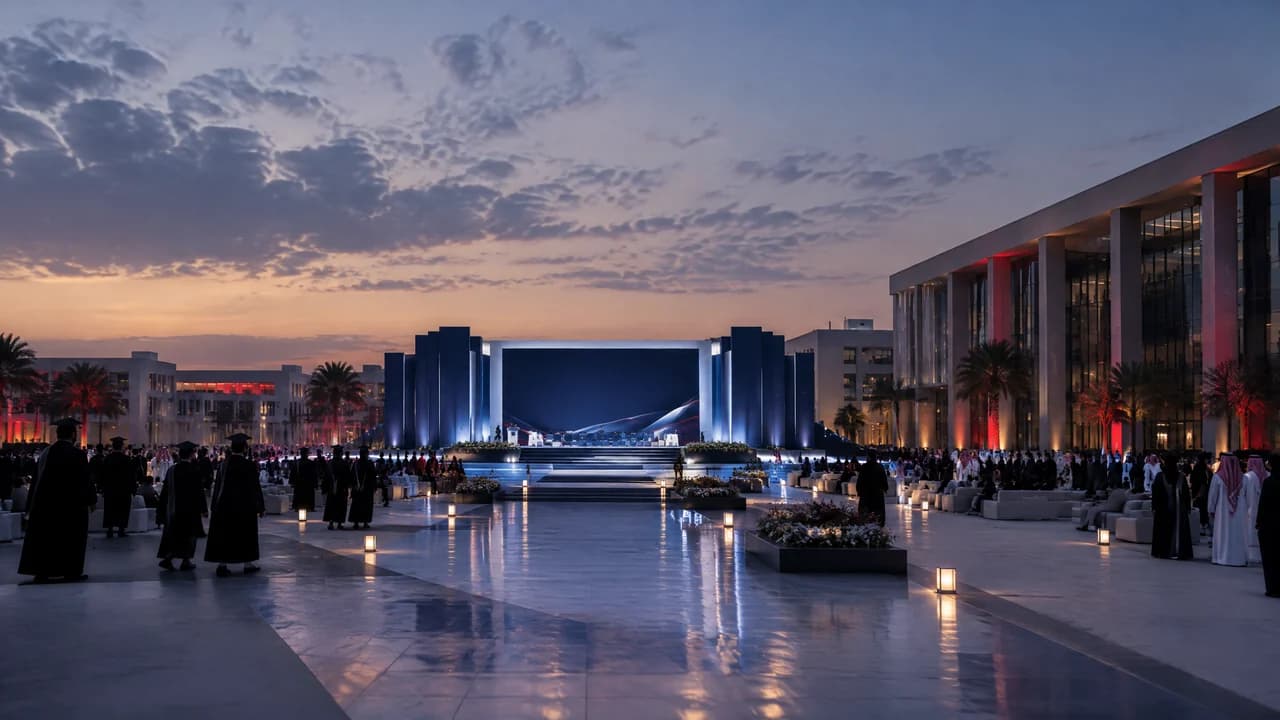 حرم جامعي ليلة حفل التخرج بمسرح مضاء وخريجين بأرواب التخرج
