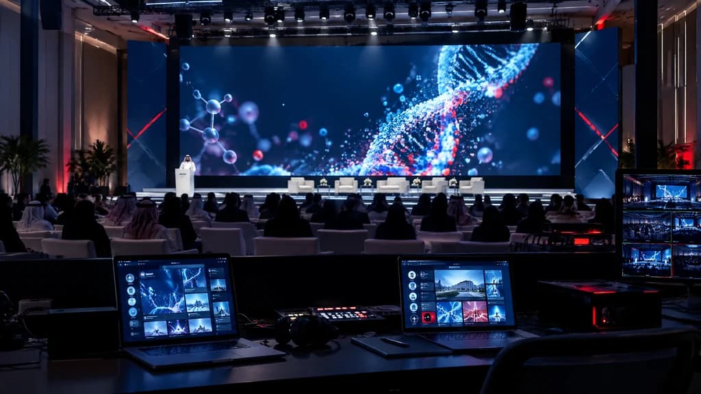 قاعة مؤتمر بشاشة LED كبيرة ومتحدث على المنصة وحضور