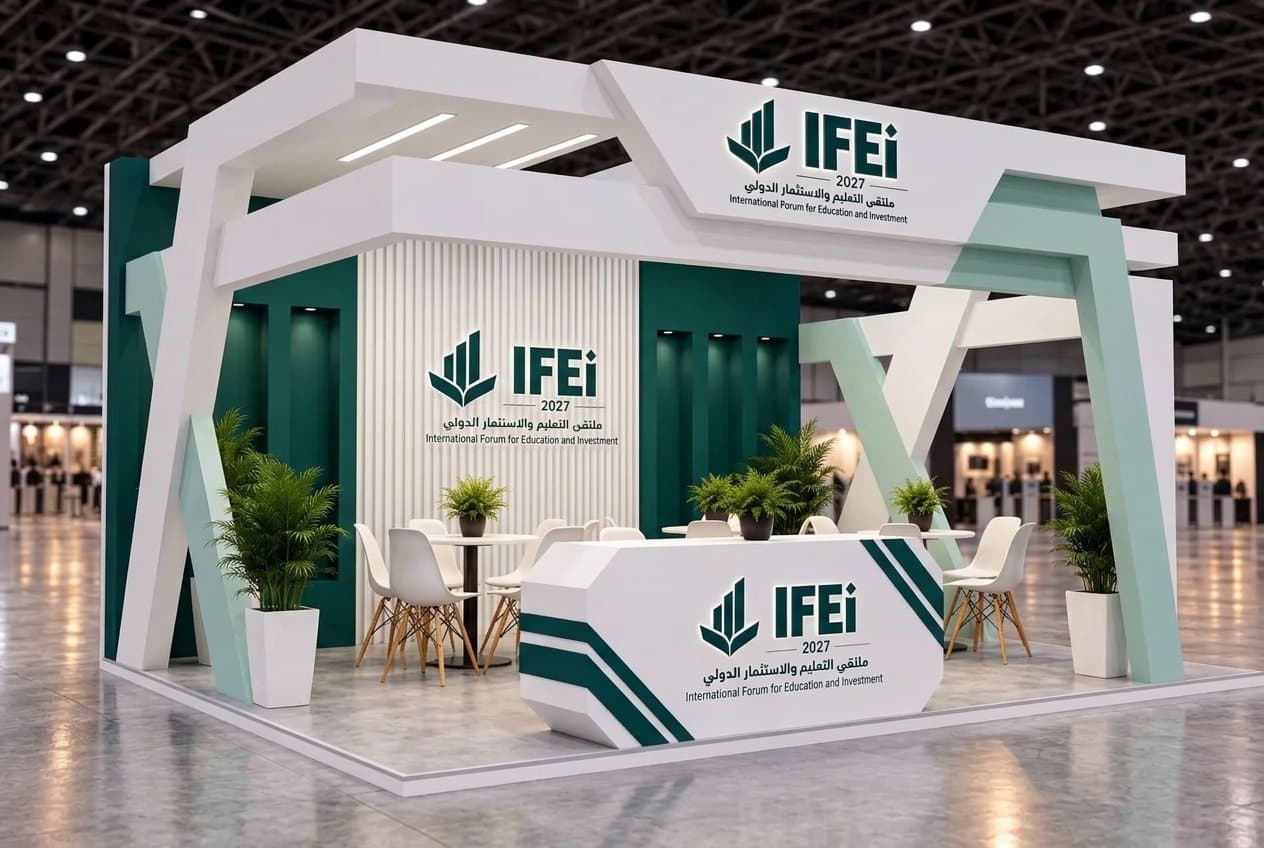 تصوّر ثلاثي الأبعاد لجناح بهوية IFEI 2027 في قاعة المعرض