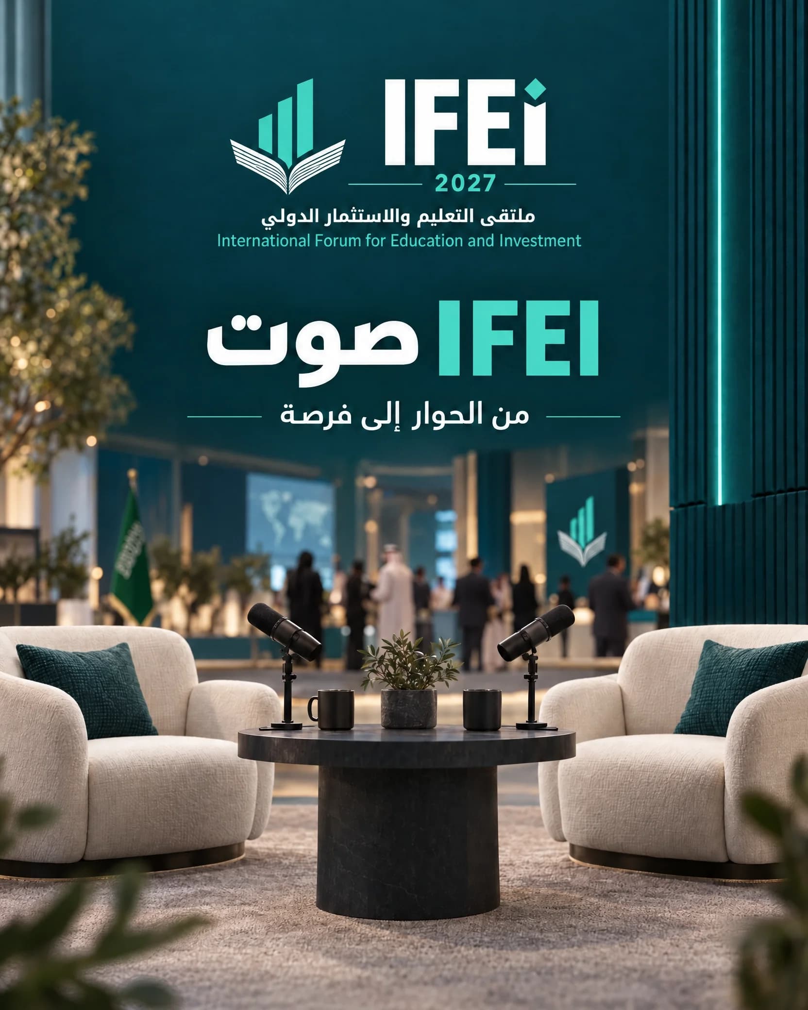 بوستر بودكاست الملتقى: كرسيّان ومايكروفونان حول طاولة داخل قاعة الملتقى، تحت شعار ملتقى التعليم والاستثمار الدولي IFEI 2027 وعبارة «من الحوار إلى فرصة».