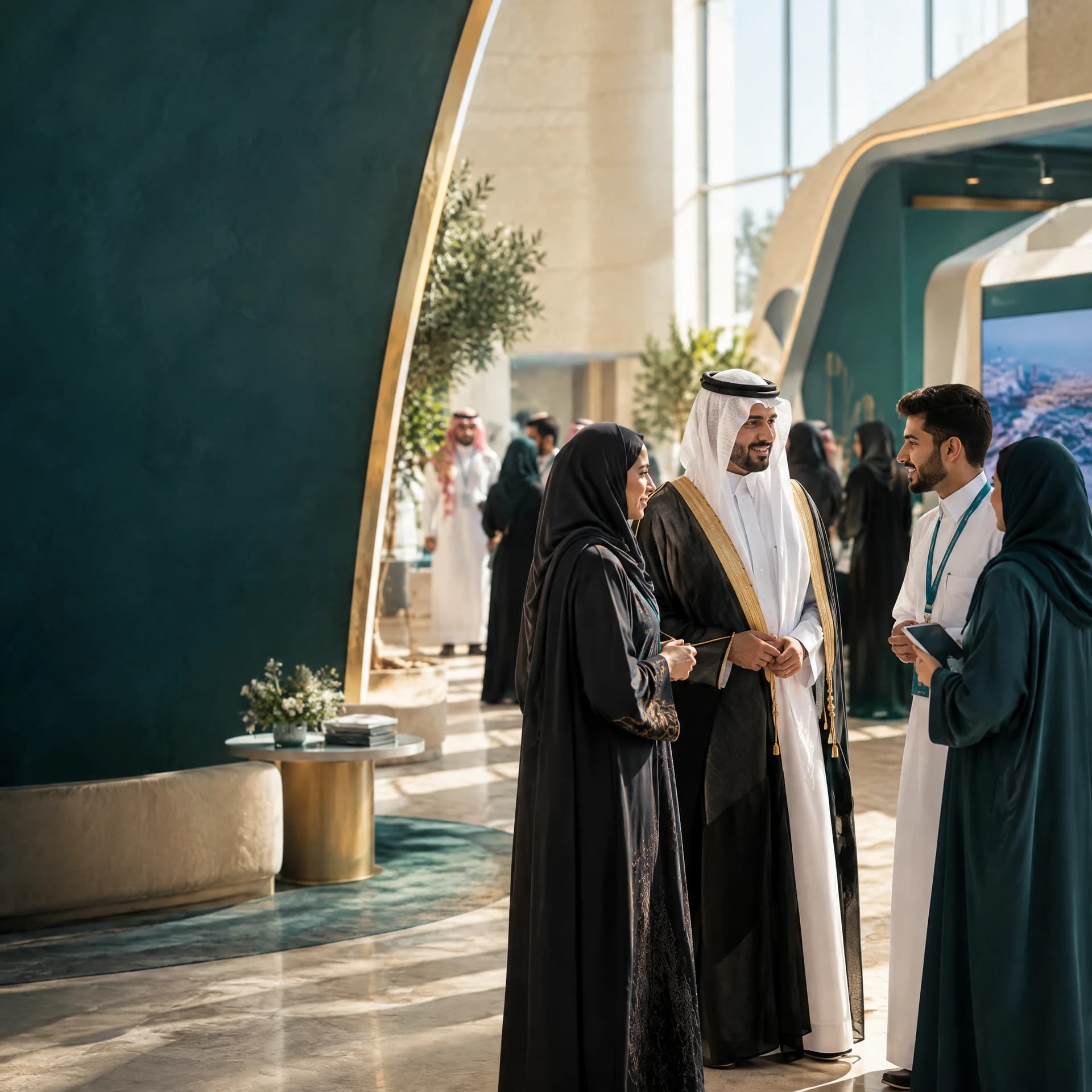 زوار ومشاركون يتحاورون في قاعة الملتقى، صورة غلاف دليل الرعايات